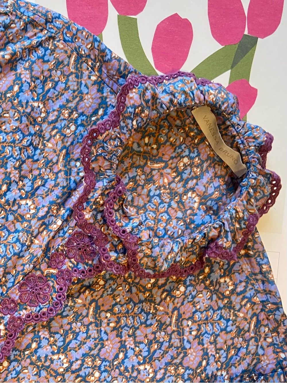 Vanessa Bruno Floral Blouse with Purple Lace Trim
